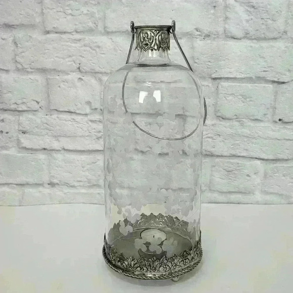 Large 14" Jug  Etched Crystal Tea Votive Candle Holder Silver Metal Handle - Picture 3 of 15